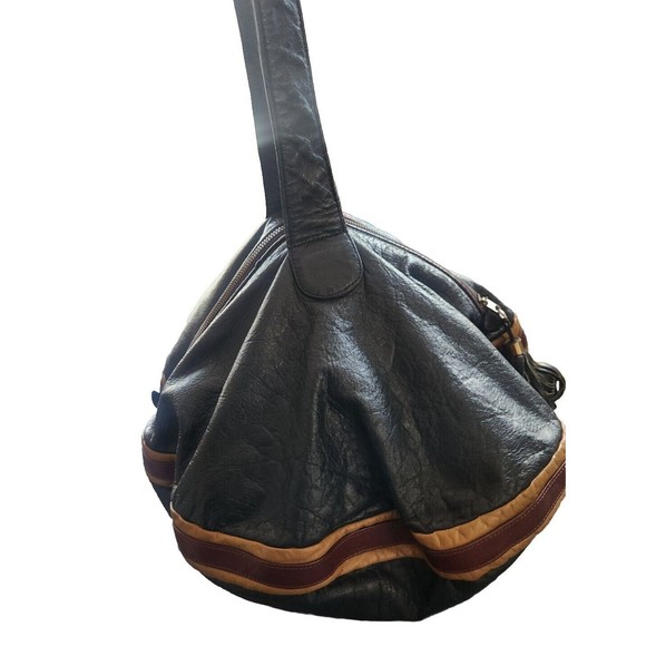 VINTAGE RARE 1970S B BARON BLUE Genuine Leather Handbag Women ROUND HIPPY BLUE - Picture 15 of 16